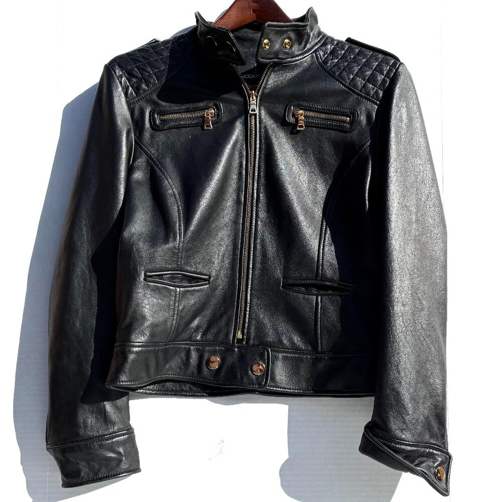 Women’s Moda International Black 100% Lamb Leather Moto Jacket, Quilted Large